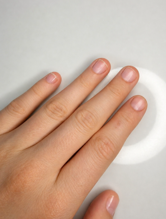 Ongles naturels courts et soignés pendant une pause entre deux poses — Nolivia