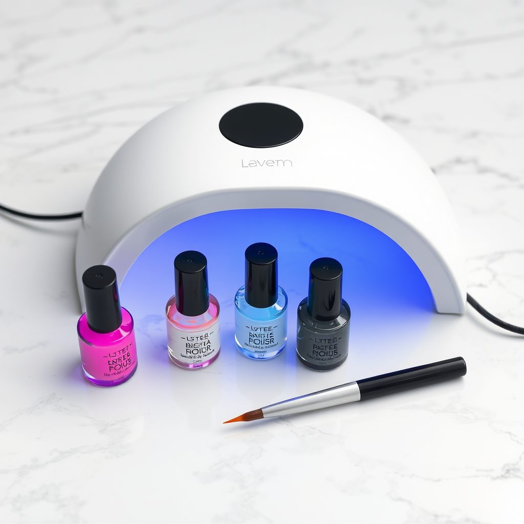 Lampe UV LED, flacons de gel et pinceau posés sur marbre blanc — Nolivia