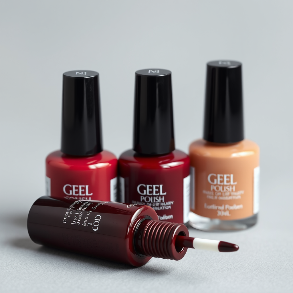 Flacons de vernis semi-permanent bordeaux et nude alignés — Nolivia
