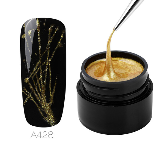 Pot de spider gel or 5 ml et ongle noir décoré de fils dorés scintillants