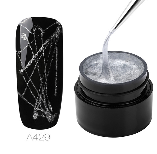 Pot de spider gel argent 5 ml et ongle noir décoré de fils argentés