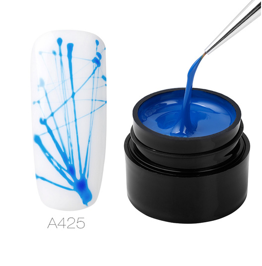 Pot de spider gel bleu 5 ml et ongle blanc décoré de fils bleus en gerbe