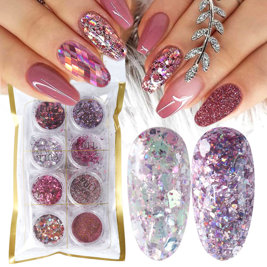 Coffret de 8 boîtes de paillettes holographiques pour nail art