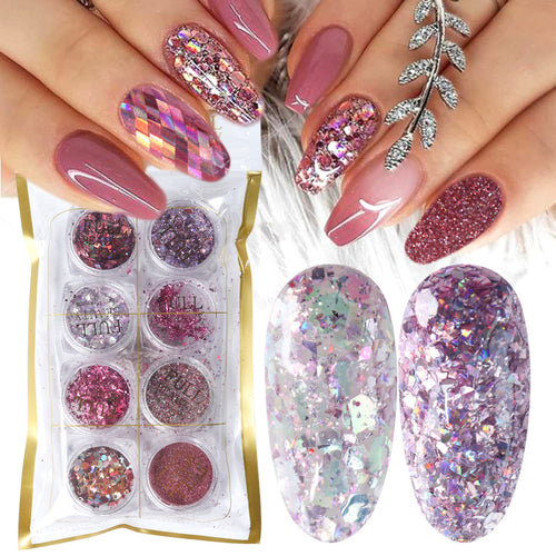 Coffret de 8 boîtes de paillettes holographiques pour nail art