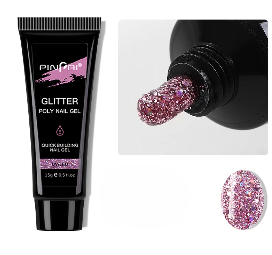 Polygel pailleté n° 5, rose framboise à paillettes denses, tube de 15 ml
