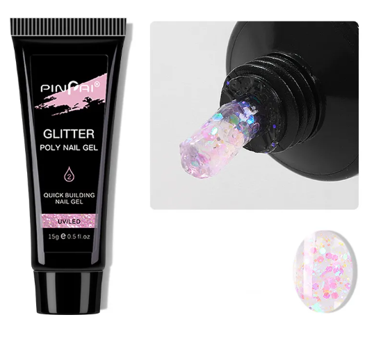 Polygel pailleté n° 2, rose pâle irisé à grosses paillettes, tube de 15 ml