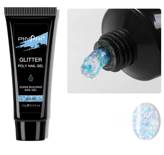 Polygel pailleté n° 3, bleu irisé à paillettes turquoise, tube de 15 ml