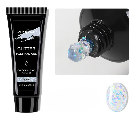 Polygel pailleté n° 1, blanc irisé à paillettes argentées, tube de 15 ml