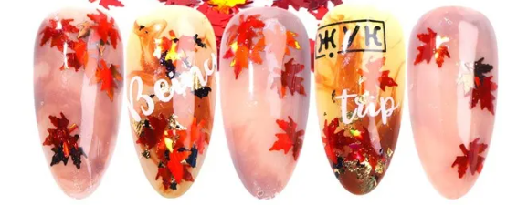 Pot de paillettes feuille d'érable rouge et cinq ongles nude décorés de feuilles