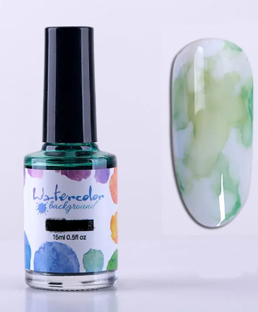 Flacon d'encre aquarelle verte 15 ml et son effet marbré sur un ongle