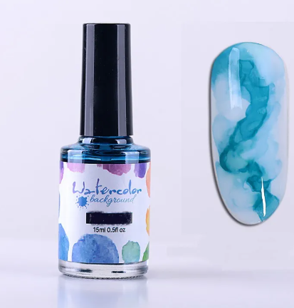 Flacon d'encre aquarelle turquoise 15 ml et son effet lagon sur un ongle
