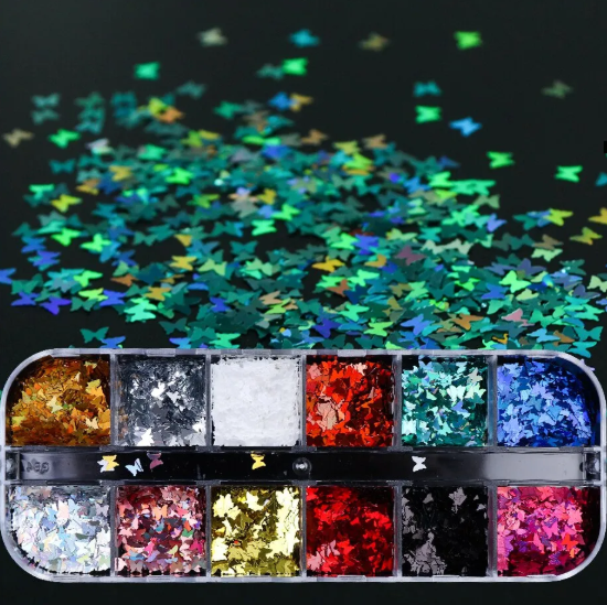 Coffret de 12 couleurs de paillettes papillon holographiques pour ongles