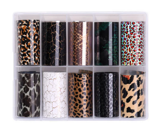 Coffret de 10 feuilles de transfert pour ongles à motifs animaliers et craquelés