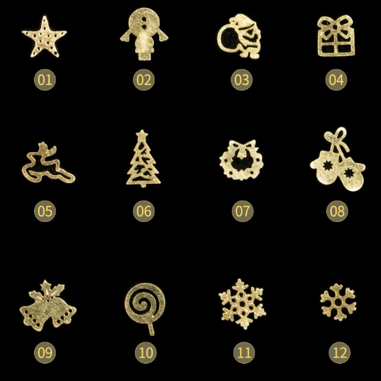 Les douze motifs dorés de Noël numérotés : sapin, renne, flocon, cadeau, cloches