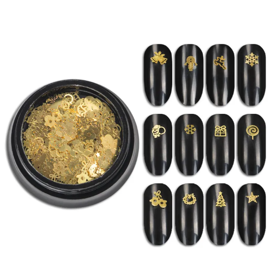 Pot de décorations dorées pour ongles de Noël et douze motifs sur ongles noirs