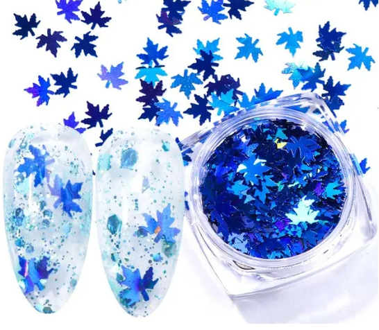 Pot de paillettes feuille d'érable bleu marine et deux ongles décorés