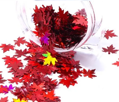 Pot de paillettes feuille d'érable rouge et cinq ongles nude décorés de feuilles