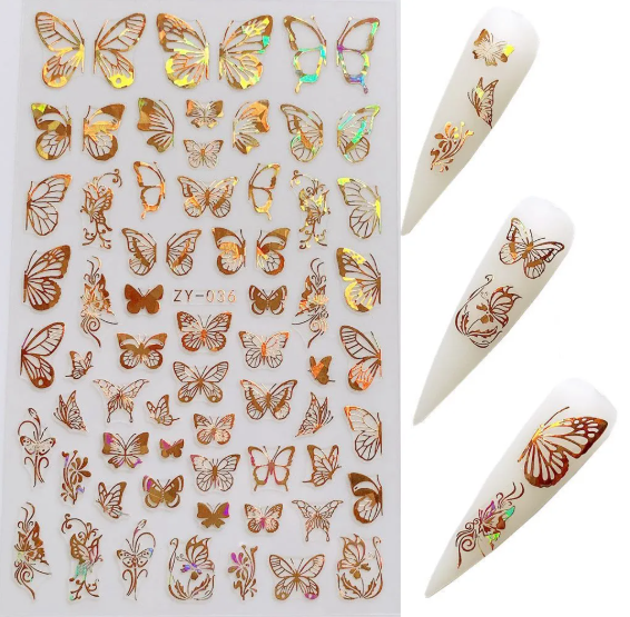 Planche d'autocollants papillon dorés pour ongles et trois ongles décorés