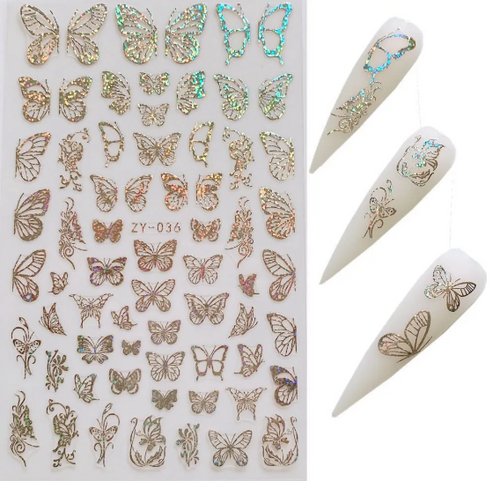 Planche d'autocollants papillon argentés pour ongles et trois ongles décorés