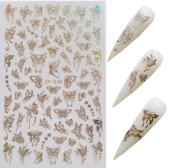 Planche d'autocollants papillon champagne avec étoiles et arabesques