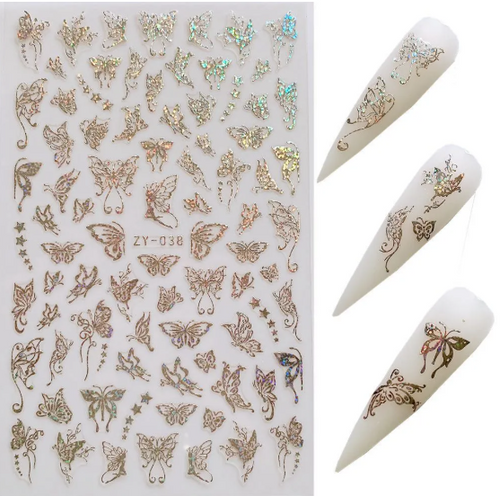 Planche d'autocollants papillon champagne avec étoiles et arabesques