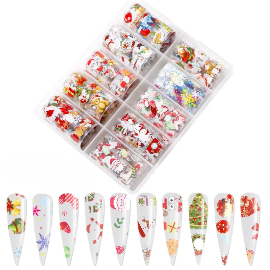 Coffret de 10 feuilles de transfert de Noël et dix ongles blancs décorés