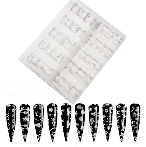 Coffret de 10 feuilles de transfert blanches et dix ongles noirs décorés