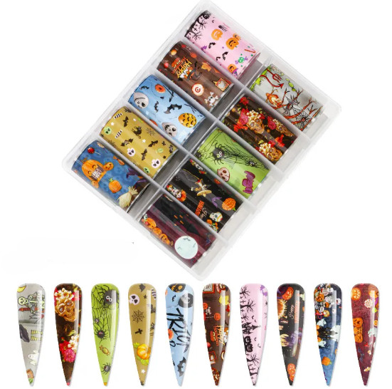 Coffret de 10 feuilles de transfert Halloween à fonds colorés et dix ongles décorés
