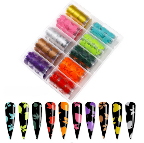 Coffret de 10 feuilles de transfert à motifs de feuillage et dix ongles noirs décorés