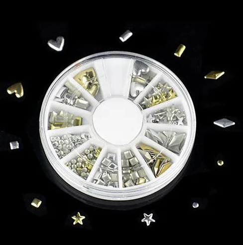 Roue de 12 cases de rivets métalliques dorés et argentés pour ongles