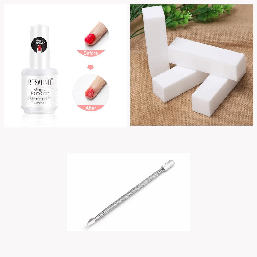 Les trois pièces du kit de dépose : dissolvant, blocs polissoirs et repousse-cuticules