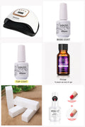 Les six pièces du kit semi-permanent : lampe UV/LED, base coat, top coat, primer, blocs polissoirs et dissolvant