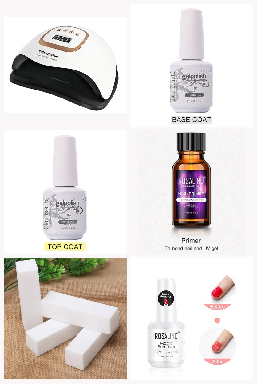 Les six pièces du kit semi-permanent : lampe UV/LED, base coat, top coat, primer, blocs polissoirs et dissolvant